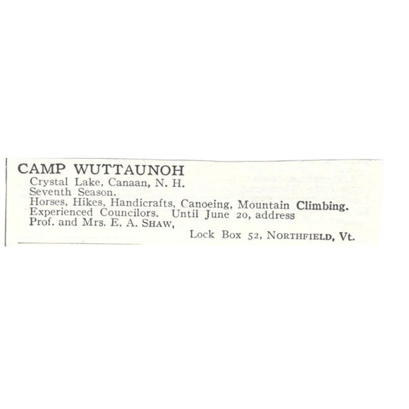 Camp Wuttaunoh Crystal Lake Canaan NH E.A. Shaw c1918 Advertisement AE5-SA7 - Picture 2 of 2